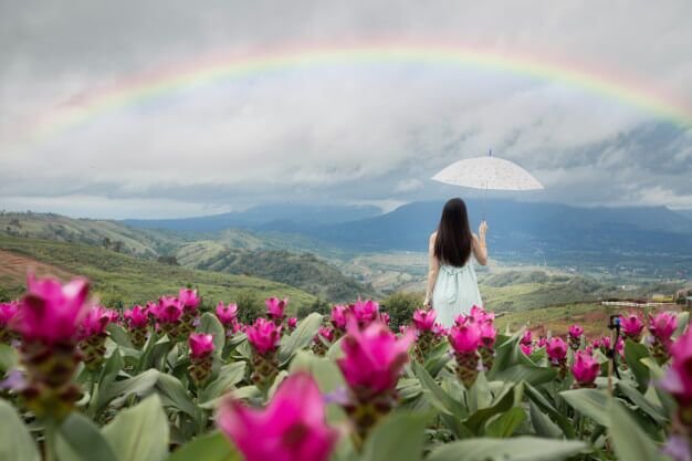 alone-woman-holding-umbrella-with-beautiful-rainbow-flower-garden-back-view_45281-559