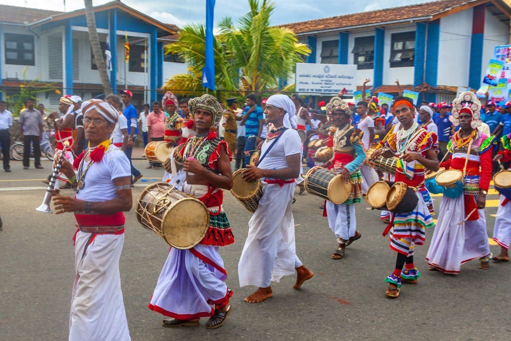 Galle, Sri Lanka - May 1, 2016: Procession of musicians on May Day demonstration in Galle, Sri Lanka