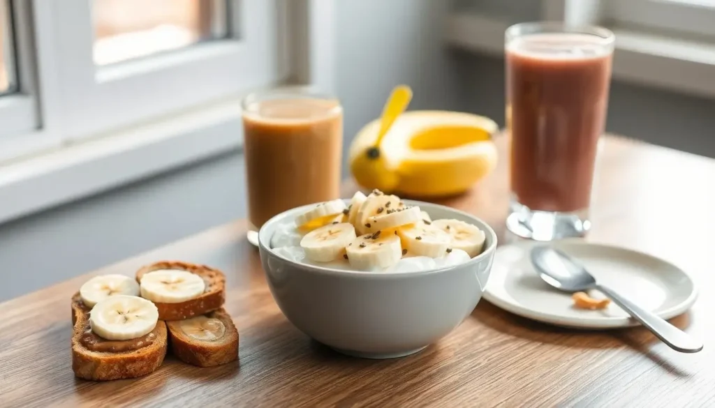 A breakfast table featuring sliced bananas with peanut butter