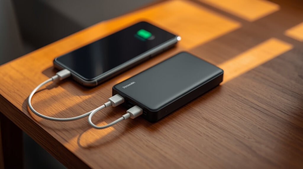 'affordable power banks India charging smartphones on a wooden desk with USB-C cables