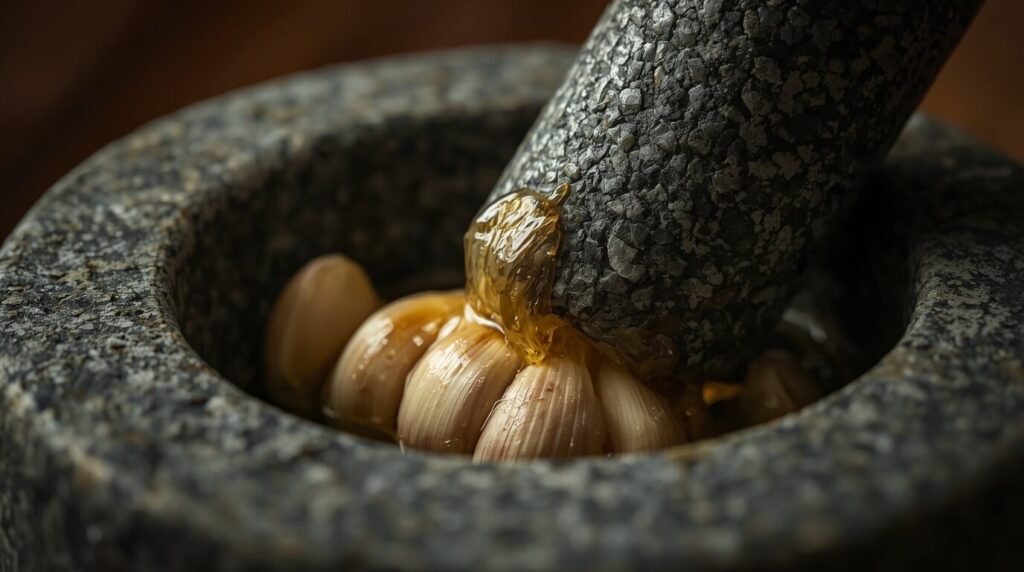 garlic health benefits allicin — crushed garlic clove releasing oils on a stone mortar, close-up