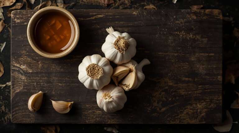eating garlic at night benefits — fresh garlic cloves on a wooden board with soft warm kitchen lighting