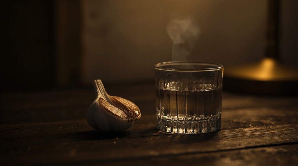 garlic for gut health — halved garlic bulb next to a glass of warm water on a wooden kitchen surface at night