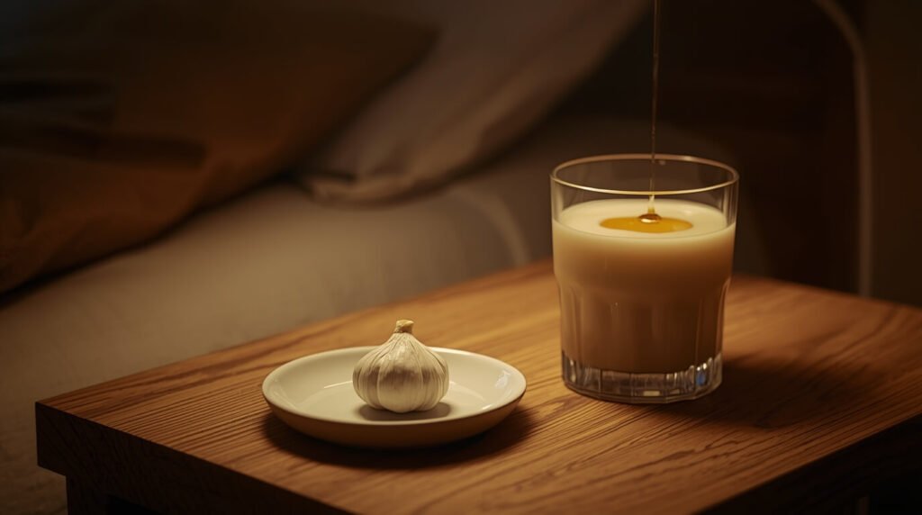 raw garlic before bed — one garlic clove next to a small glass of warm milk and honey on a bedside table