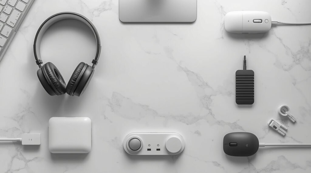 work from home gadgets and accessories organized on a modern desk