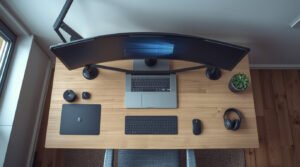 gadgets for work from home in 2026 desk setup with laptop monitor and accessories
