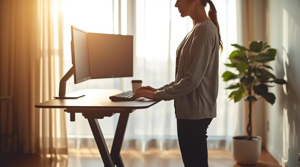 work from home gadgets standing desk setup with monitor and keyboard