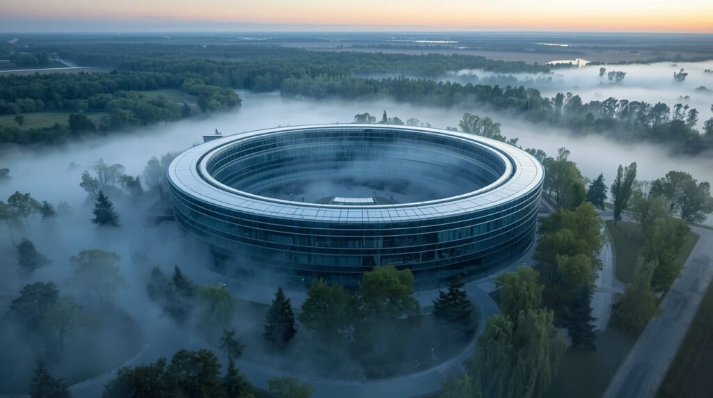 Apple new CEO John Ternus leadership — Apple Park ring building aerial view with morning light