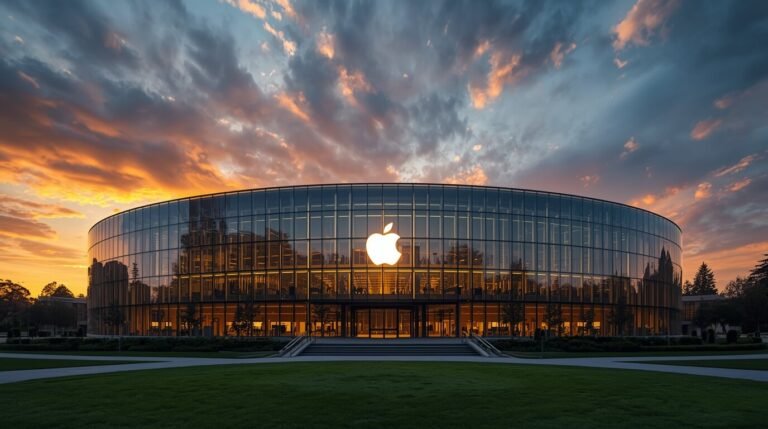 John Ternus becomes Apple new CEO — Apple Park headquarters exterior with Apple logo at sunset