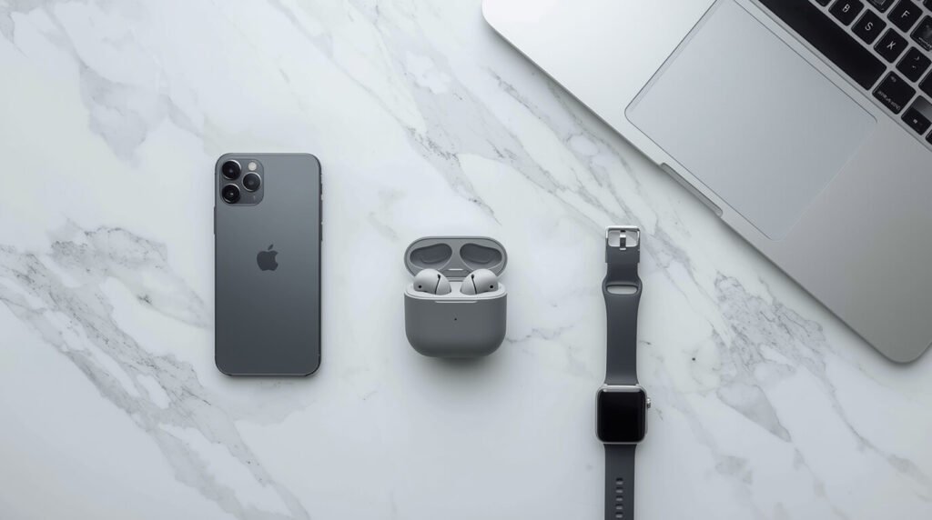 John Ternus Apple hardware legacy — flat lay of iPhone, MacBook, AirPods, and Apple Watch on white surface