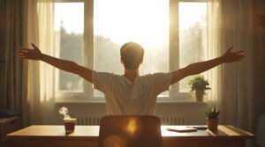 morning routine hacks — person stretching by a bright window with a coffee cup on a wooden desk