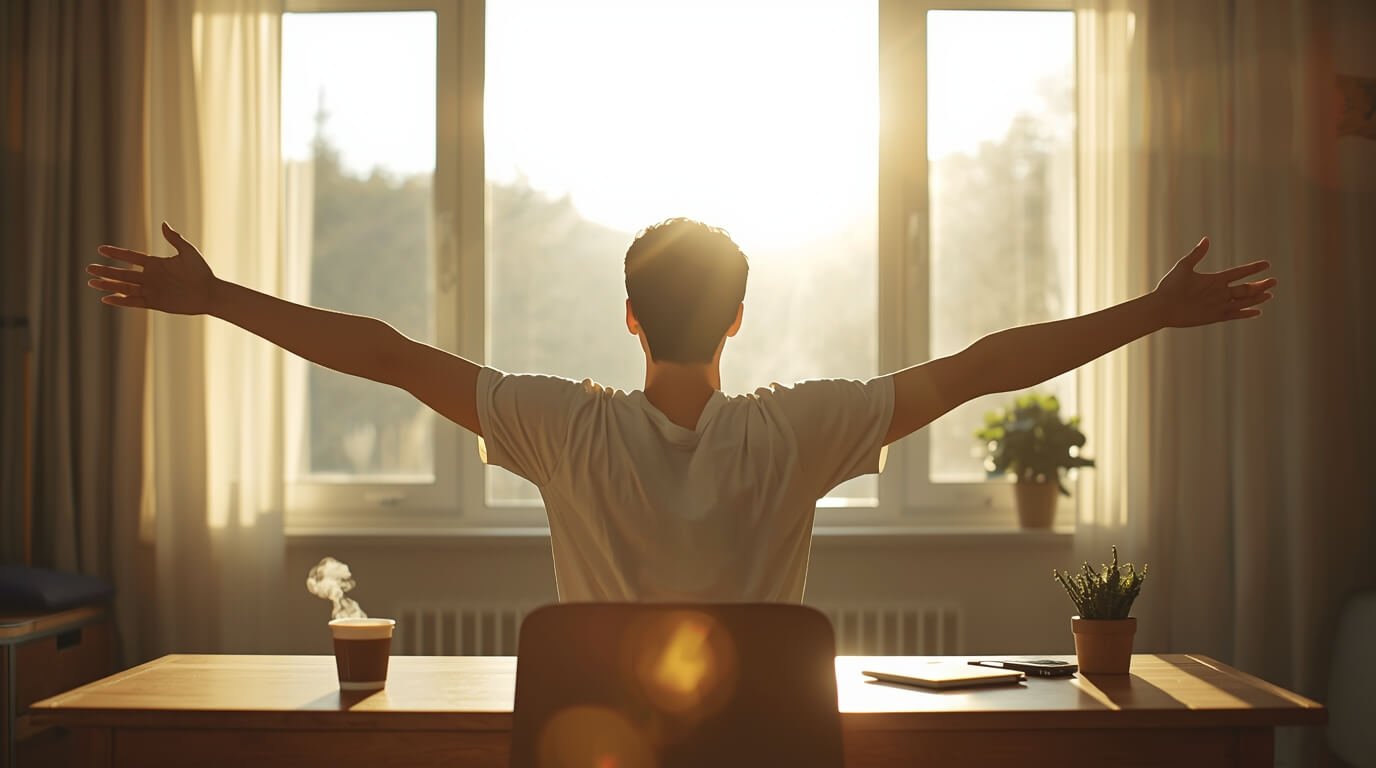 morning routine hacks — person stretching by a bright window with a coffee cup on a wooden desk