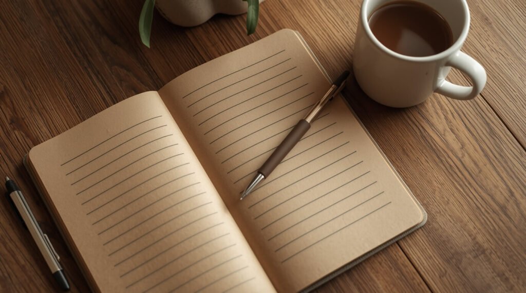 morning productivity tips — open notebook with three daily goals written by hand, coffee cup beside it