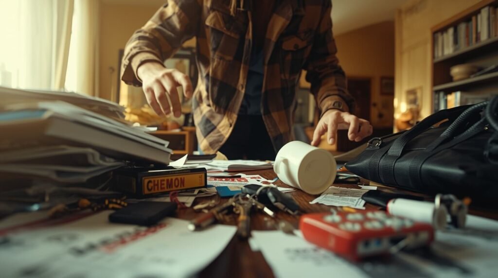 morning habits mistakes — stressed person rushing in morning with cluttered desk and coffee spilled