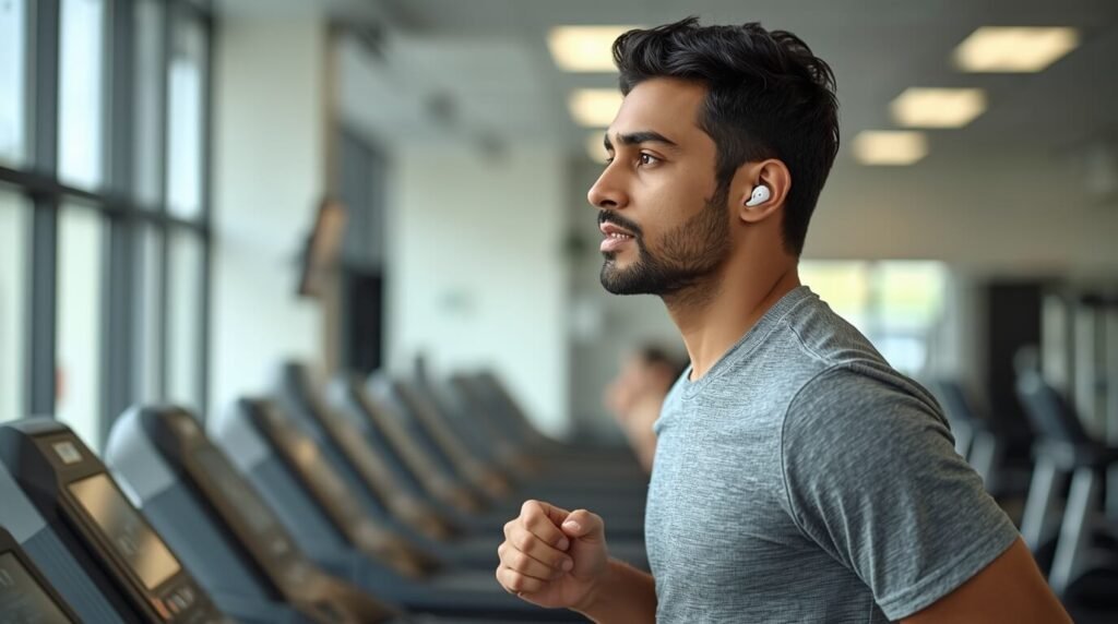 wireless earbuds under 2000 worn during gym workout by Indian man