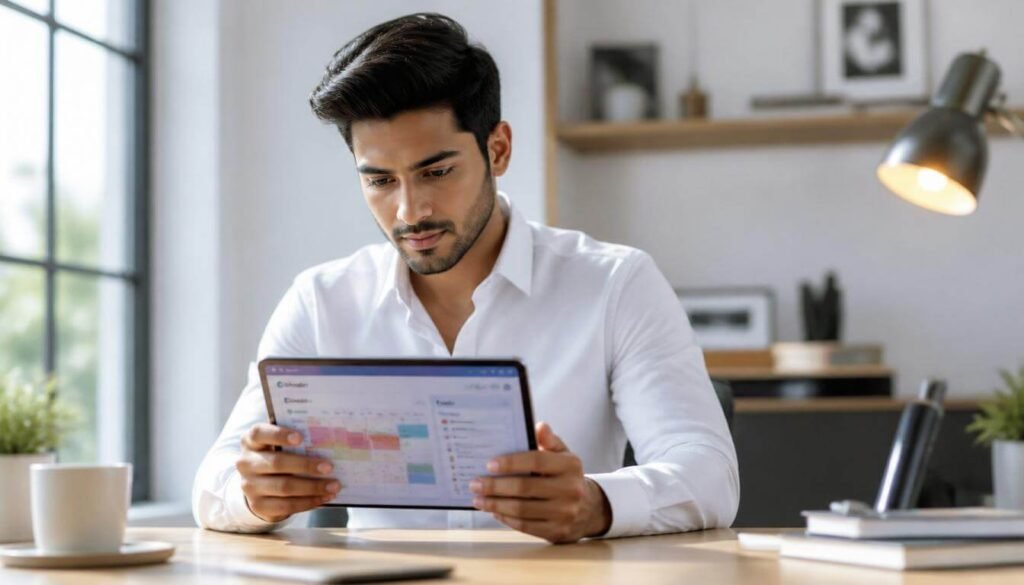 South Asian student reviewing AI-generated study schedule on tablet in bright home office