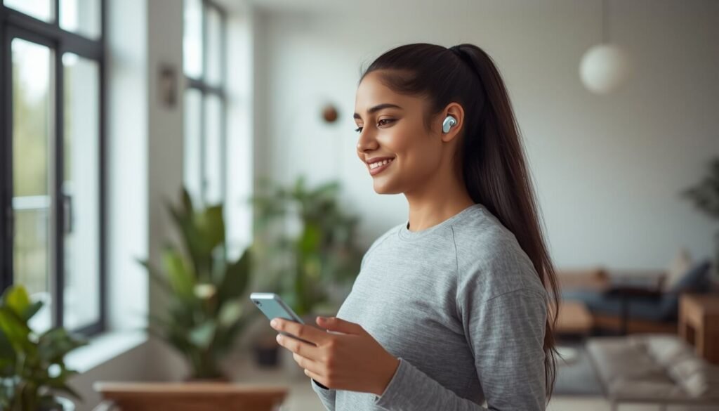 Woman using boAt wireless earbuds showing comfort and fit during daily use