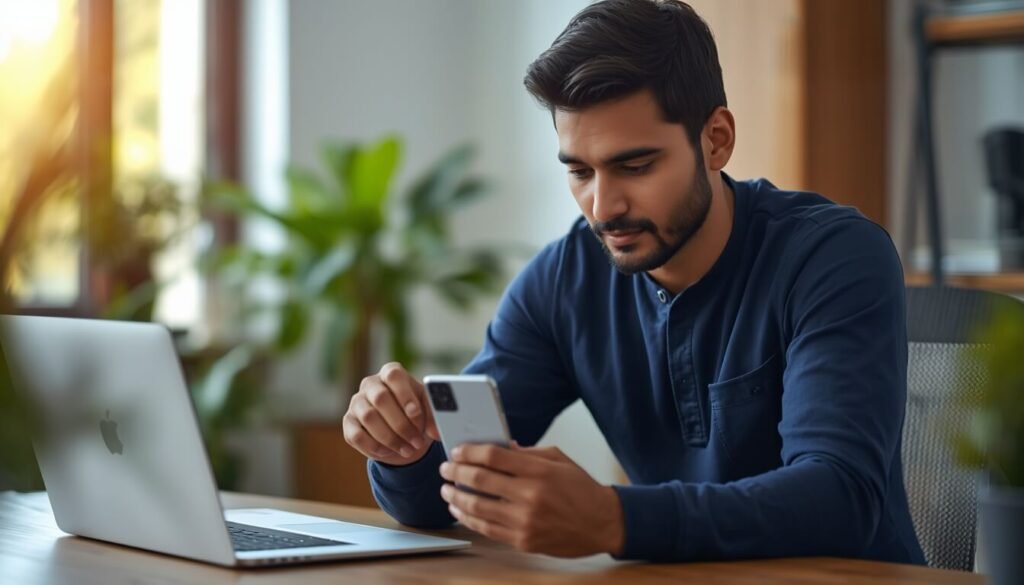 Man examining smartphone specifications while choosing budget tech gadgets in home office