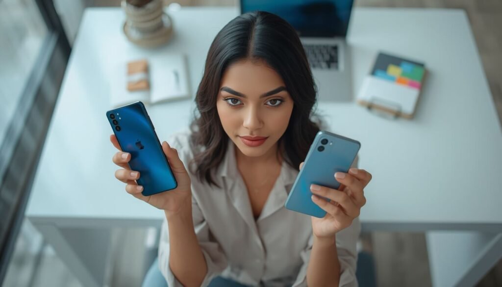 Indian student comparing AI study planner apps on multiple devices at modern workspace