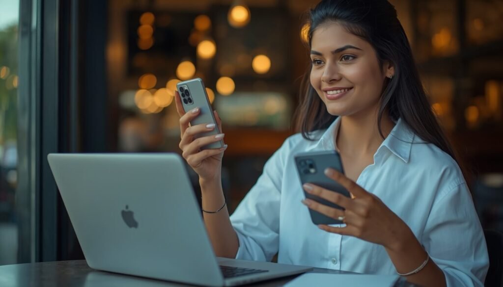Woman researching budget gadgets online while shopping for tech under 1000 at modern cafe