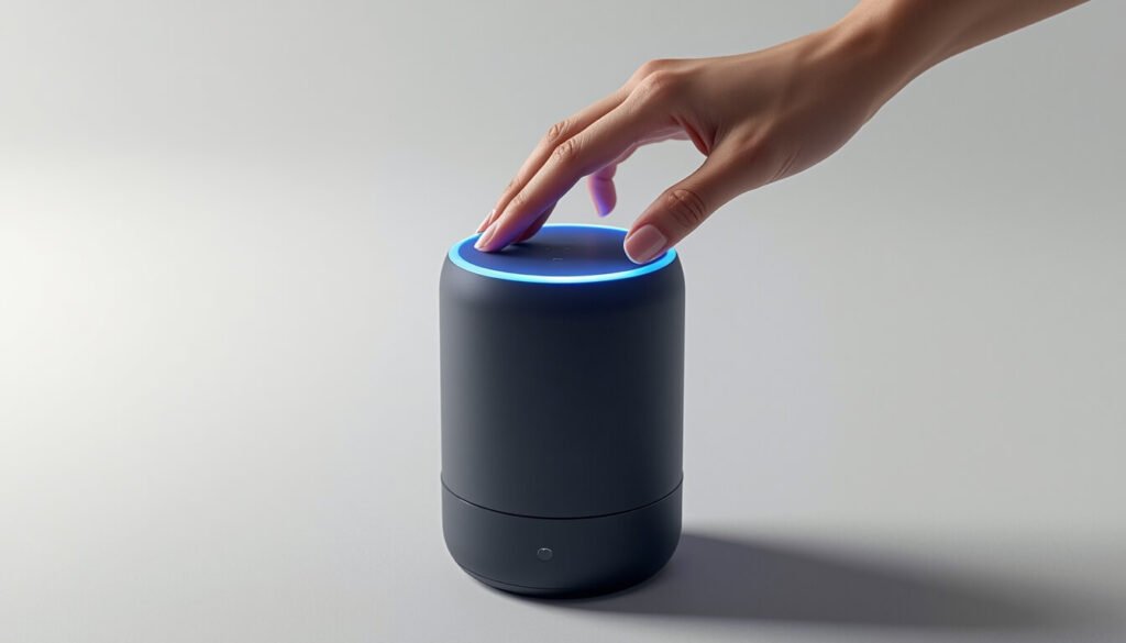 Smart speaker with voice assistant glowing blue LED ring on modern Indian home table setup