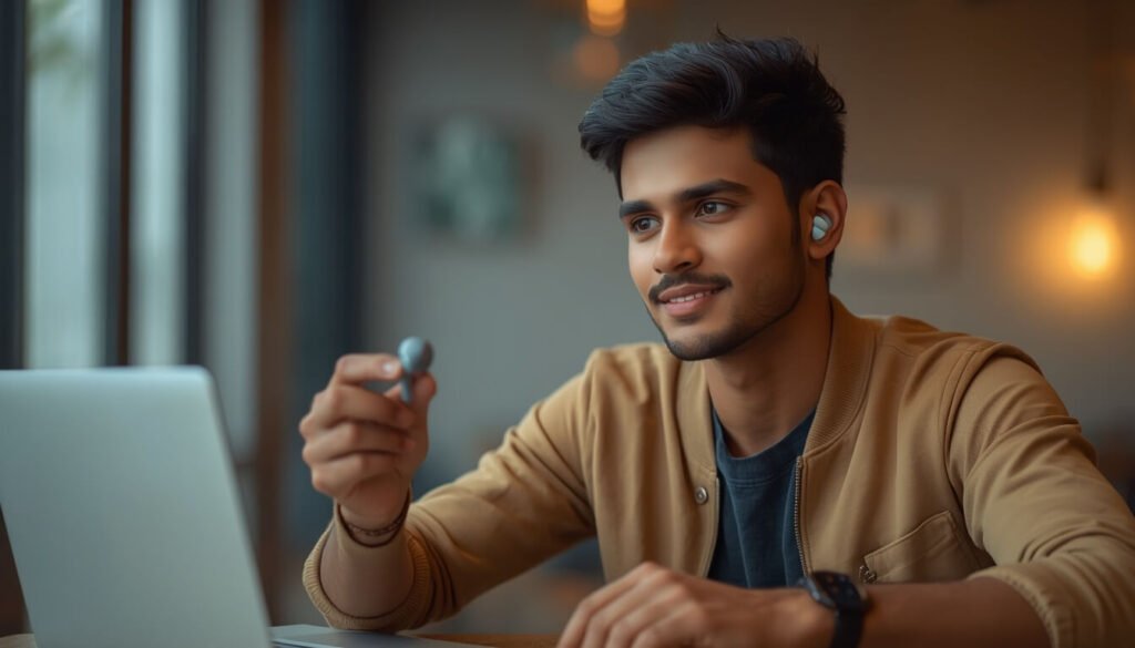 Student using wireless earbuds affordable tech gadget for studying