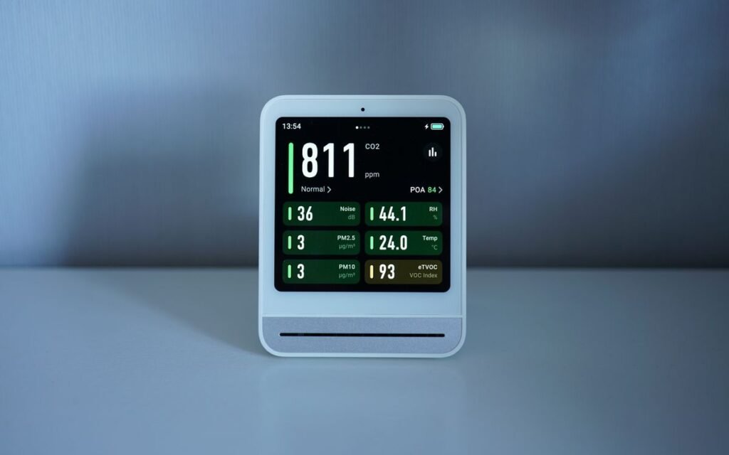 Indoor air quality monitor showing PM2.5 and CO2 readings