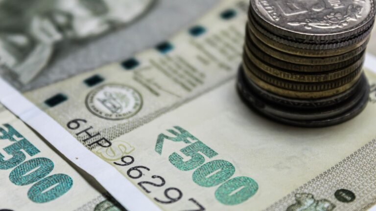 Indian ₹500 notes and stacked coins, representing the savings you can see when you check PF balance