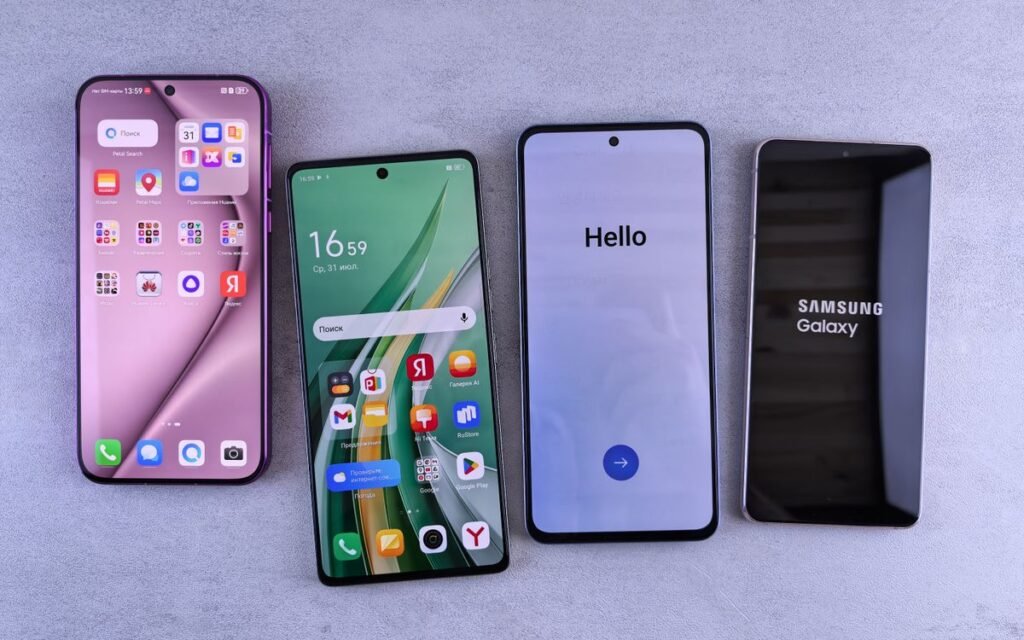 four smartphones laid side by side on a table showing their home screens