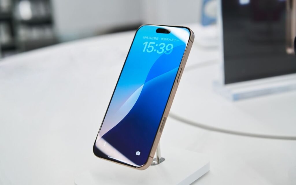 Smartphone on a display stand in a phone store