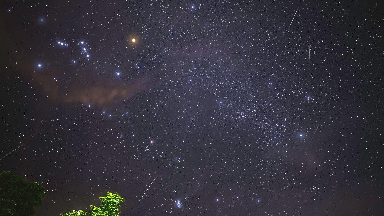 orionid meteor shower: meteors streaking near the Orion constellation in a starry sky