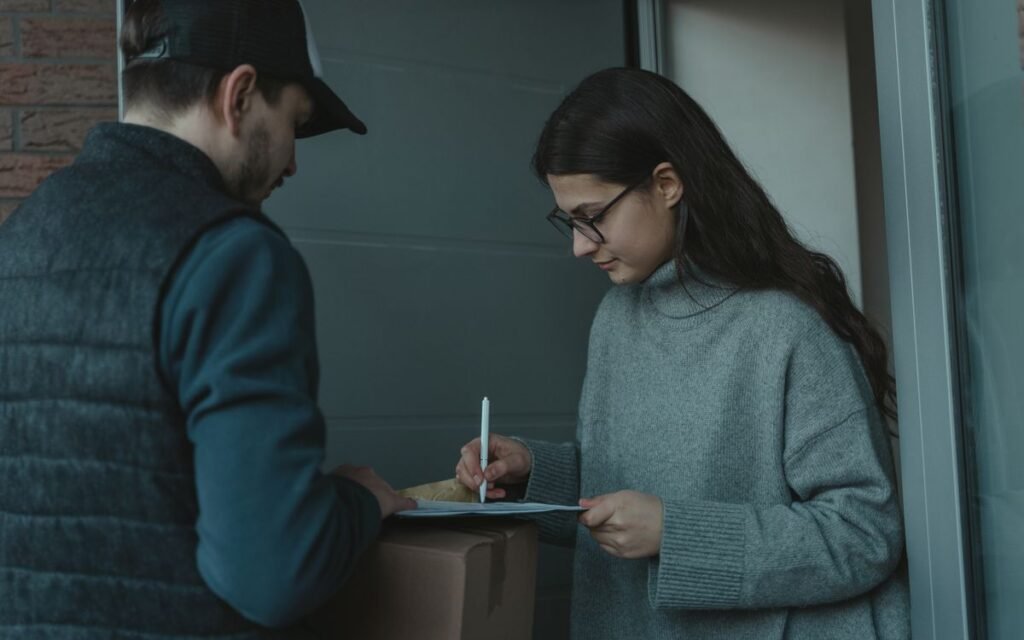 Courier at a front door while a young woman signs a delivery form