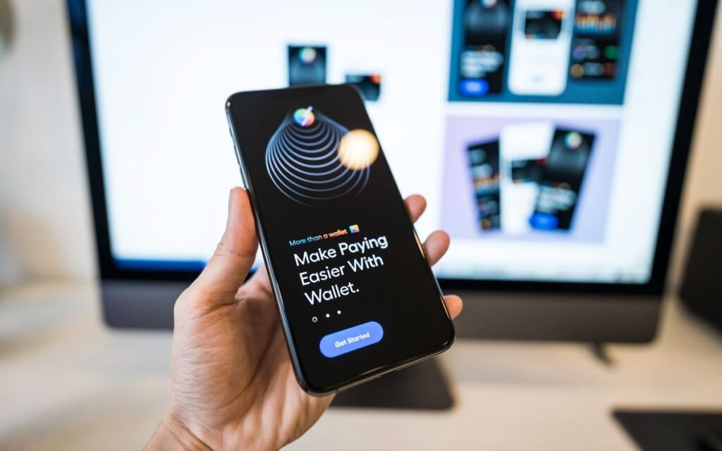 Hand holding a smartphone showing a digital wallet app